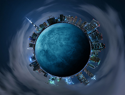 Night City on a Planet adobe art city design effect filters photoshop planet sphere súace