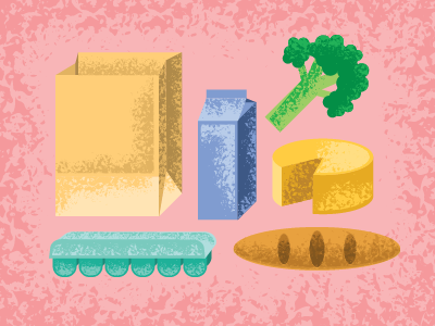 Grocery store items bread broccoli cheese eggs grocery store illustration milk paper sack texture