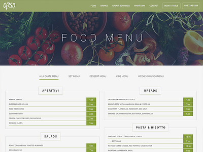 Orso Food Menu food italian menu pricing restaurant web web design website