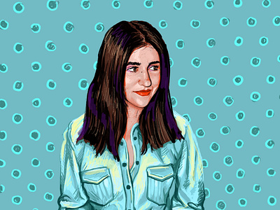 Portrait of Kate circle girl jacket lips pattern turquoise