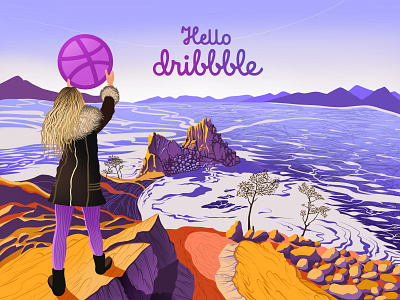 Hello Dribbble baikal debut shot flat illustration lake landscape web