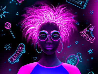 90s girl 90s afro eyes face flat girl glasses illustration ink neon neon colors neon girl neon sign pink stickers tshirt