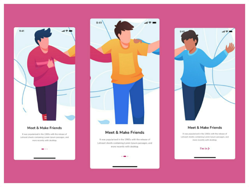 Walkthrough Screens - Social Media App color media friends uiux ux ui 2020 onboarding design mobile app ios app ios social media walkthrough screens walkthrough