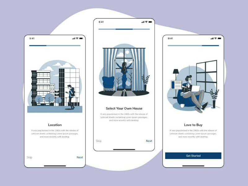 Walkthrough Screens - Home rent & buy app rental app onboarding screens walkthrough screens 2020 design color location rent buy house home ios ux ui onboarding walkthroughs walkthrough