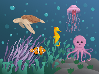 Sea life clownfish design graphic design illustration jellyfish octopus sea life sea turtle seahorse underwater