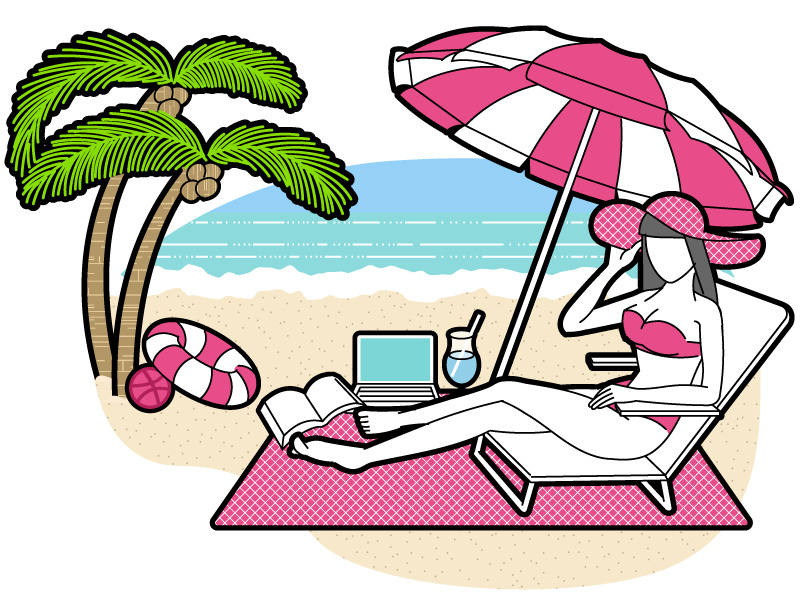 Illustration material (Black frame used ver.) woman beach illustration