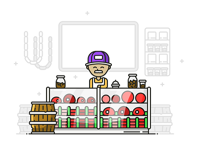 Butcher barrel deli icon illustration line man meat outline sausage store stroke vector