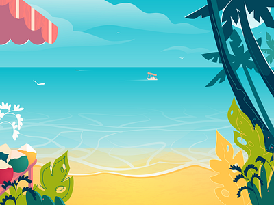 view of the beach beach boat coconut design dinghy heat illustration landscape landscape design landscape illustration ocean water palm palm tree sea summer tropical plants tropics vector