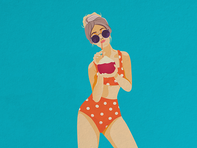 girl with coconut beach branding coconut flowers girl holiday illustration orange palm tree polka dot polka dot swimsuit sea shop on the beach summer swimsuit tourism tourist travel tropical plants vector