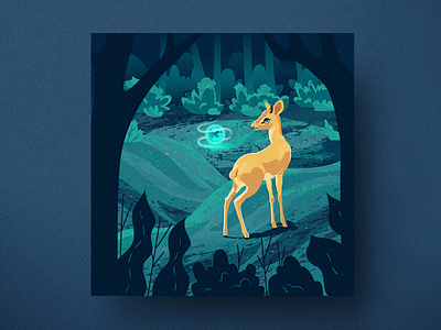 Fallow deer antelope branding deer deer illustration design fallow deer forest illustration magic moon moonlight night night forest nighttime postcard sphere square postcard summer vector wildebeest