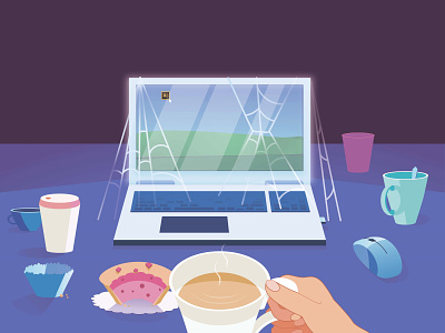 Procrastinator's Paradise cake coffee cup illustration laptop mug night procrastinator tankard tea vector work work at night