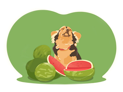 A dog with a watermelons aroma august calendar cur delight dog enjoyment flavor fruits green illustration mongrel pleasure relish ripe summer summertime treat vector watermelon