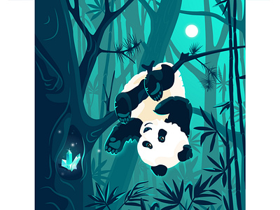 Panda and the magic crystal. The final part. crystal dusk enchantment gemstone gloaming jungle magic moon moonlight night nightfall nighttime panda rainforest silhouette stone tropical forest tropical wood twilight vector