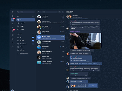 Unified Communications – Chats, Channels and Folders. calls channels chat communications counter folders group group chat meeting members message messenger navigation pin privat reply telegram uc ui ux