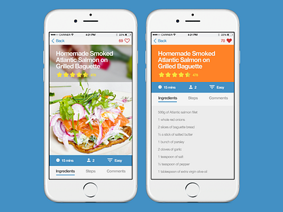 Day 009 - Recipe Card app flat food mobile nutrition recipe restaurant salmon ui ux widget