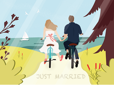 Just Married art beach couple cute design illustration illustrator illustrator art love married nature vector