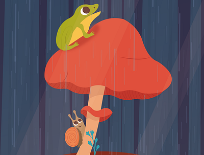 Rainy day animal cute design forest frog illustration illustrator illustrator art mushroom snail vector