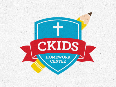 CKids Homework Center Logo banner blue christian crest cross family homework logo love pencil primary colors red safe school shield vector yellow