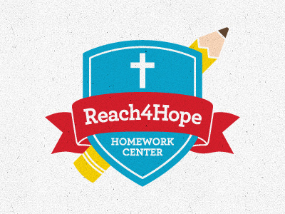 Reach4Hope banner blue christian cross homework logo pencil primary colors red school shield yellow