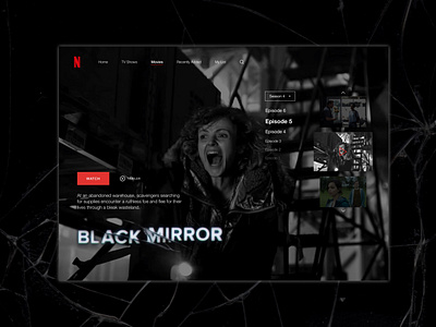 Concept UI Design for Black Mirror | Netflix app concept creative dashboard design display films full fullpage ios iphone movies netflix page responsive ui ux watch web websites
