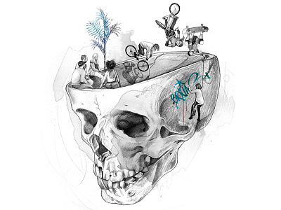 Skull art bike bike ride drawing drawing ink graffiti illustration pencil people skate skateboard skull street art watercolor