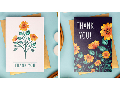 Thank you Card Mock Up - Hand Painted Watercolor Flowers - 2 card design digital illustration greeting cards greetingcards gretting cards illustration painting pattern stationary stationary design stationary mockup stationery stationery design stationery mockups thank you thankyou vector watercolor watercolor art