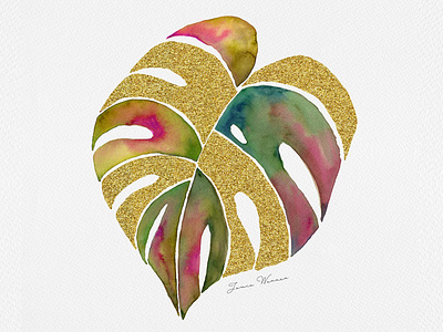 Monstera Leaf Watercolor and gold glitter painting