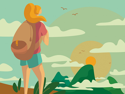 Adventure Awaits design flat girl hawaii hiker hiking illustration mountains travel traveling ui vector woman