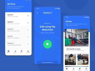Physio Plan - Patient App advice blue exercise health ios app list physiotherapy plans running sessions streching ux video tutorial workout