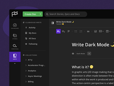 Write Dark Mode 🌙 clubhouse collaboration dark mode documents editor formatting ui ux wiki write