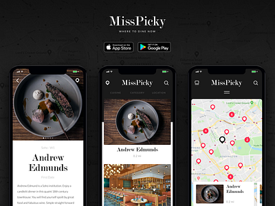 Miss Picky 2.0 app card cards cards ui food google maps ios iphone x map maps native app restaurant restaurant app ui