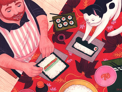 Sushi Time childrens illustration editorial illustration food illustration gouache illustration painting sushi cat sushi logo sushi making traditional illustration watercolor