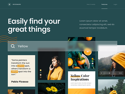 #Exploration - Features Section for bookmarking website bold bookmark clean desktop homepage landing page photography section typography ui website whitespace