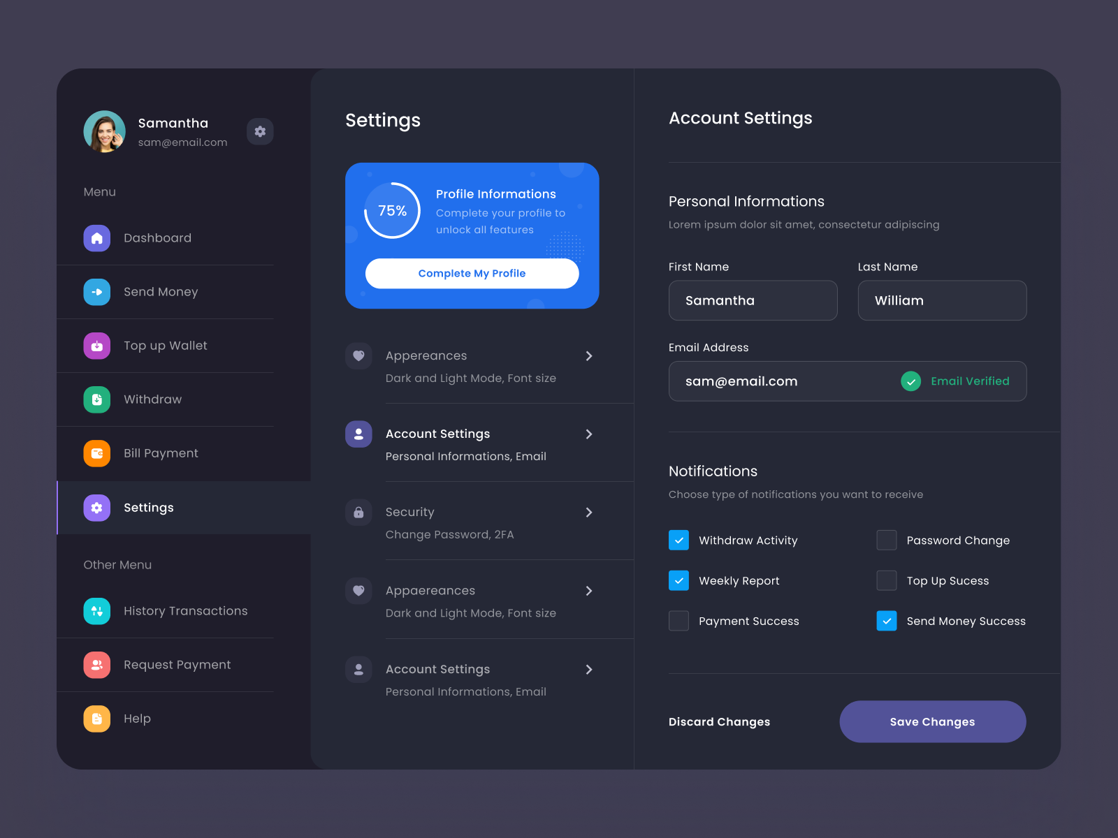 #Exploration - Digital Wallet App - Settings Page - Dark Mode