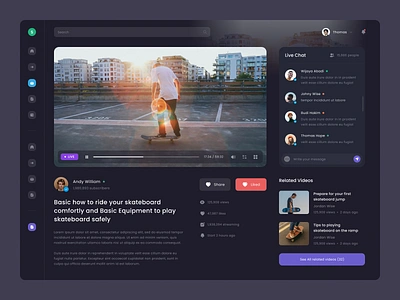 #Exploration - Skateboard Video Platform - Video Player bold card chat clean dark mode dark ui dashboard design detail night mode play skateboard sport ui user ux video video player website whitespace