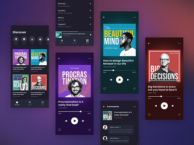 #Explorations - Podcast App app art bold clean comments cover dark mode gradient mobile music player podcast radio settings streaming typography ui ux whitespace