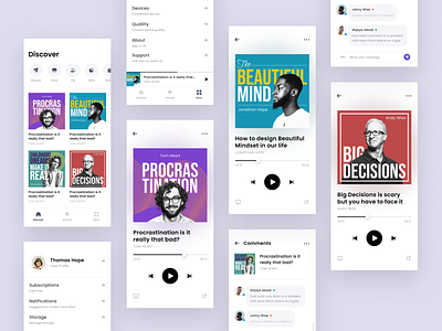 #Explorations - Podcast App - Light Mode android app art card clean comments cover design iphone light mode music play podcast settings streaming typography ui whitespace