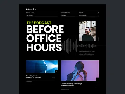 Podcast Homepage asymetric bold dark mode homepage landing page layout minimalist photography podcast scandinavian swiss design style typography vibrant website