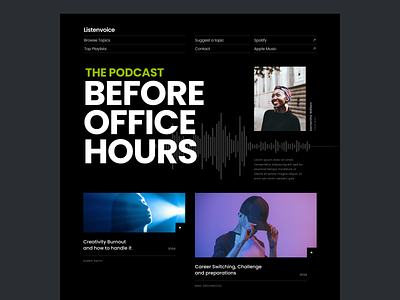 Podcast Homepage asymetric bold dark mode homepage landing page layout minimalist photography podcast scandinavian swiss design style typography vibrant website