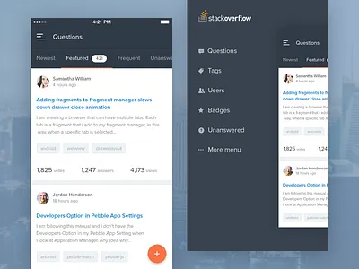 #Exploration | Stackoverflow Mobile App android app card forum ios iphone list material menu sidebar stackoverflow
