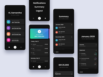 #Exploration - Money Management App android app bold card clean dark dashboard gradient icons ios ios 11 iphone management mobile money stats typography ui ux wallet