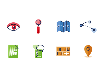 Process Icons icons green red blue orange eye magnifying glass document review storyboard map