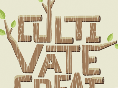 Cultivate Creativity block lettering brown green leaves lettering tan wood wood grain