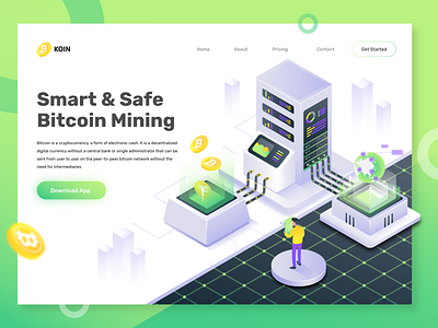 Smart & Safe bitcoin Mining landing Page bitcoin bitcoin exchange business design ethereum header hero illustration isomatric isometric mining noansa peoples safe science smart tecnology ui vector web