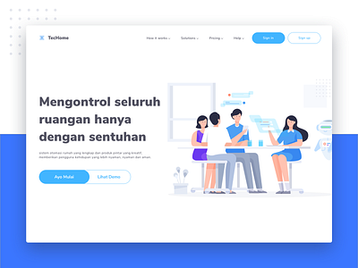 Smarthome hero header called "TecHome" clean conference control design family flat header hero illustration landingpage noansa one touch peoples robot section smarthome system typography web web design