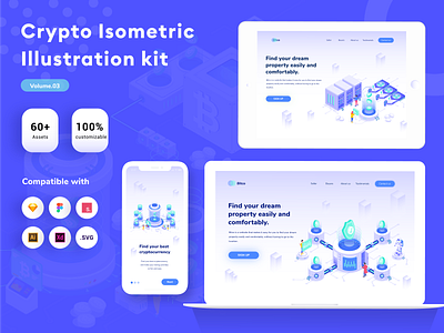 Crypto Isometric Illustration Kit bitcoin clean crypto cryptocurrency design factory flat color glow header illustration isometric isometric design isometric illustration kit research ui ui ux ui8 vector vector illustration