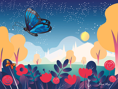 Dribbble Virtual Garden Rebound art direction butterfly drew roze flower garden landscape mashup mashups meadow mountains night sky starry night starry sky vector vector art vector design vector graphics vector illustration