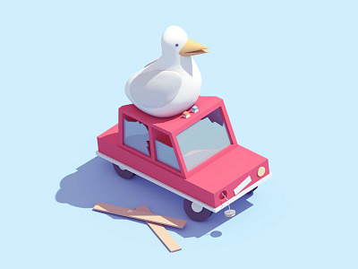 bird on car! 3d animation bird c4d car seagull