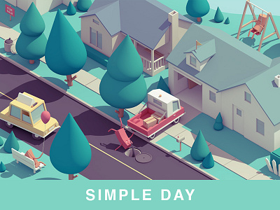 Simple day animation c4d car house illustration isometric neighborhood