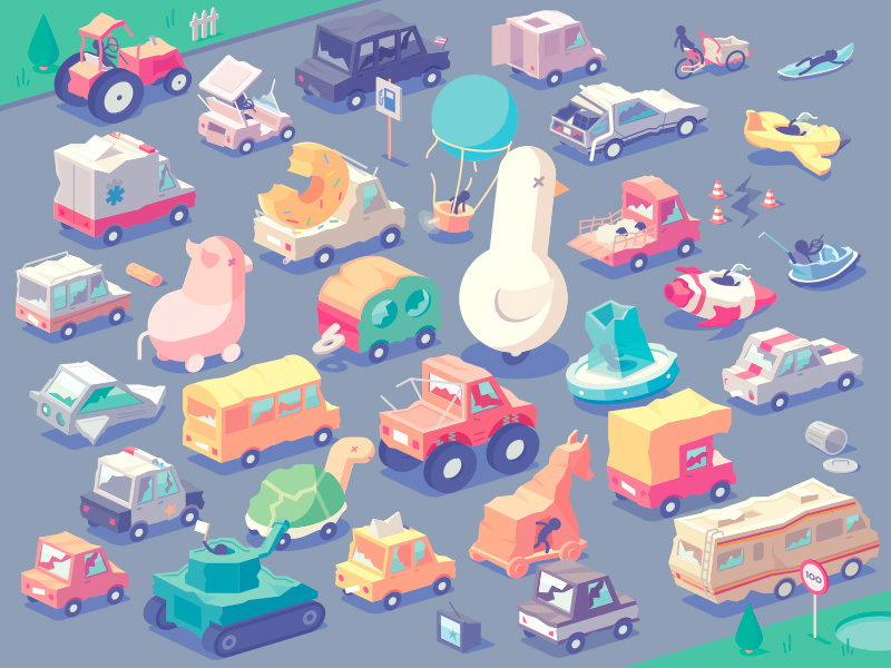 Stickman Rush - Vehicles (Broken version) dev game van broken truck cars car vehicles isometric vector illustration